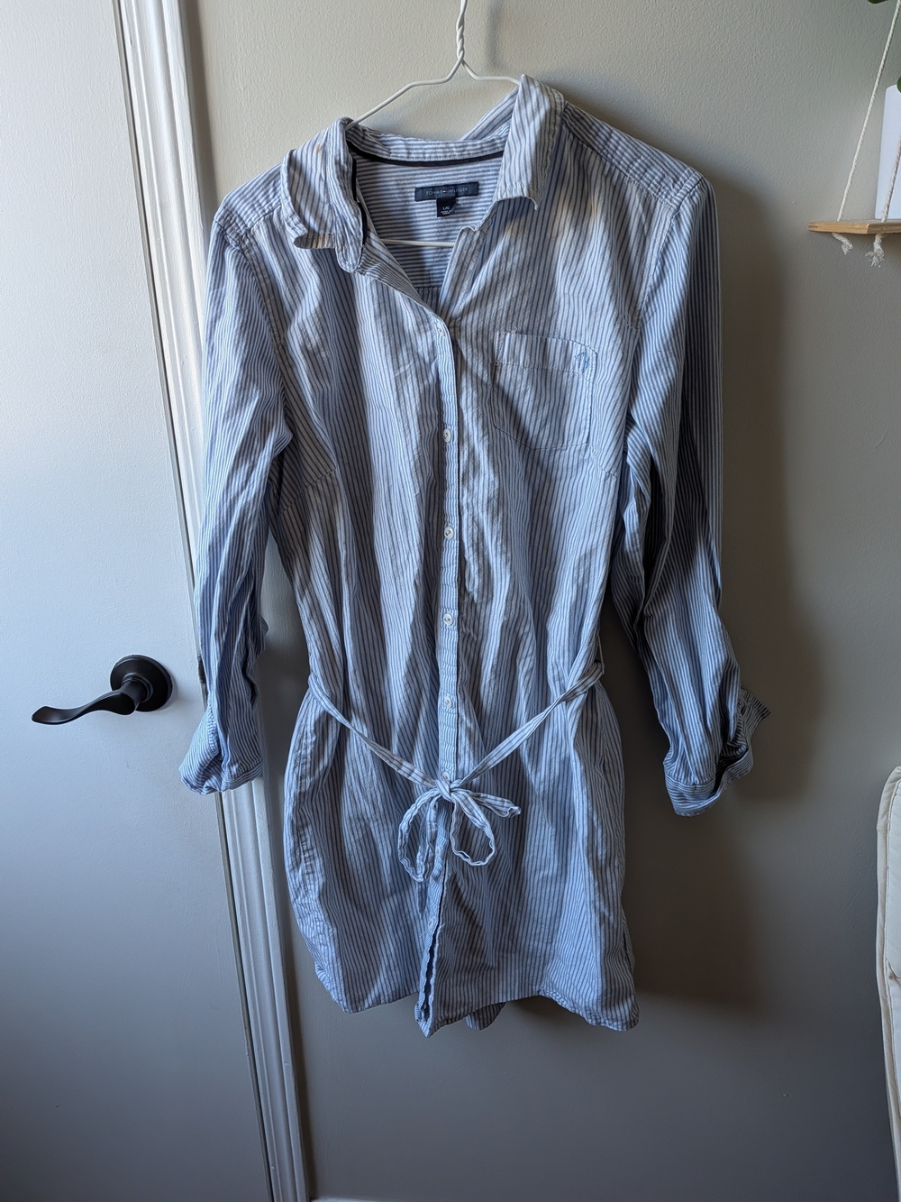 Tommy Hilfiger 100% Cotton  Blue & White Pinstripe Long Sleeve Shirt Dress